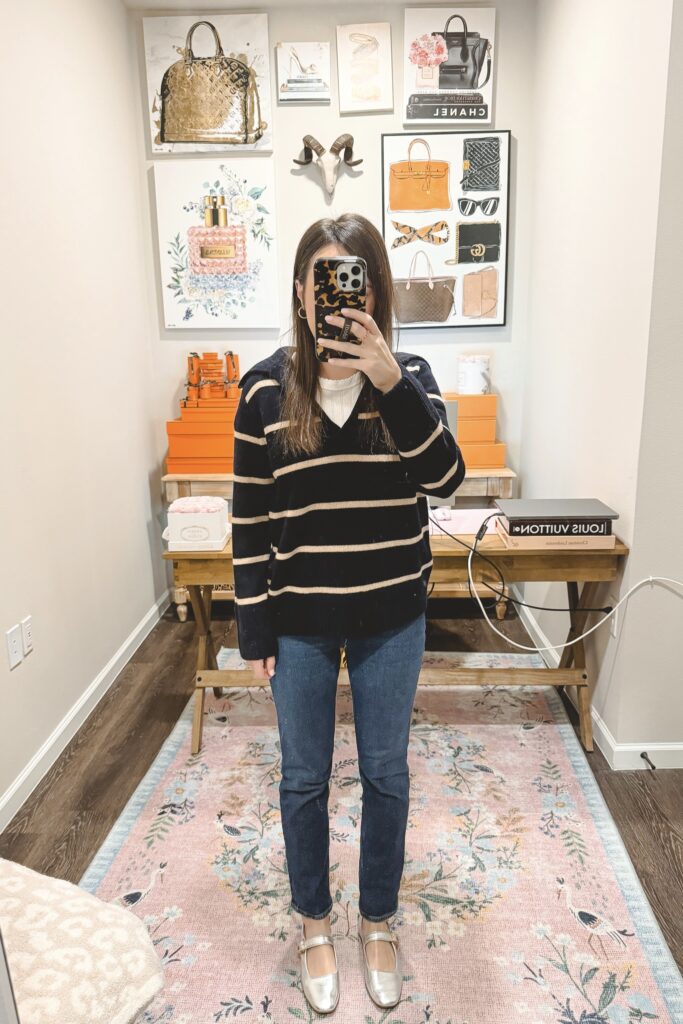 Vincy navy stripe sweater with agolde jeans and silver ballet flats