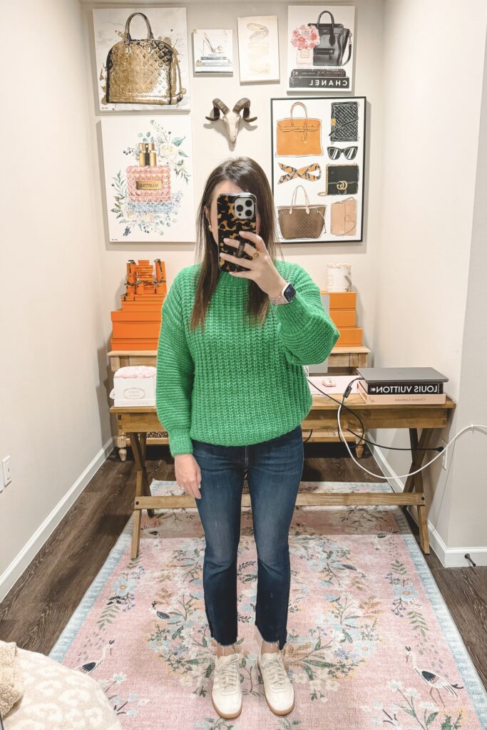 Green sweater with mother denim and adidas sambas sneakers
