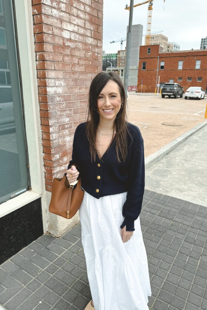 Rag and bone navy cardigan with white maxi skirt and hermes gold picotin