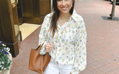 Floral spring ivory blouse with white agolde parker shorts and hermes gold picotin