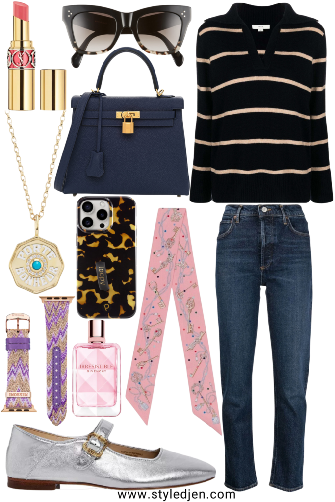 Vincy navy stripe sweater with agolde jeans and silver mary jane ballet flats