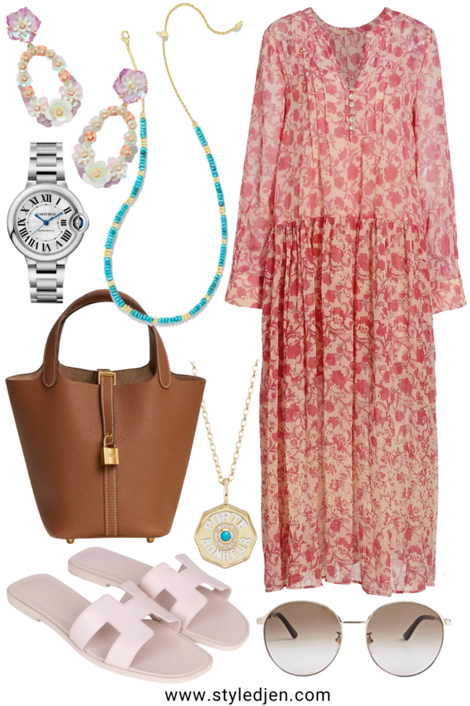 Free people pink see it through maxi dress with hermes rose petale oran sandals