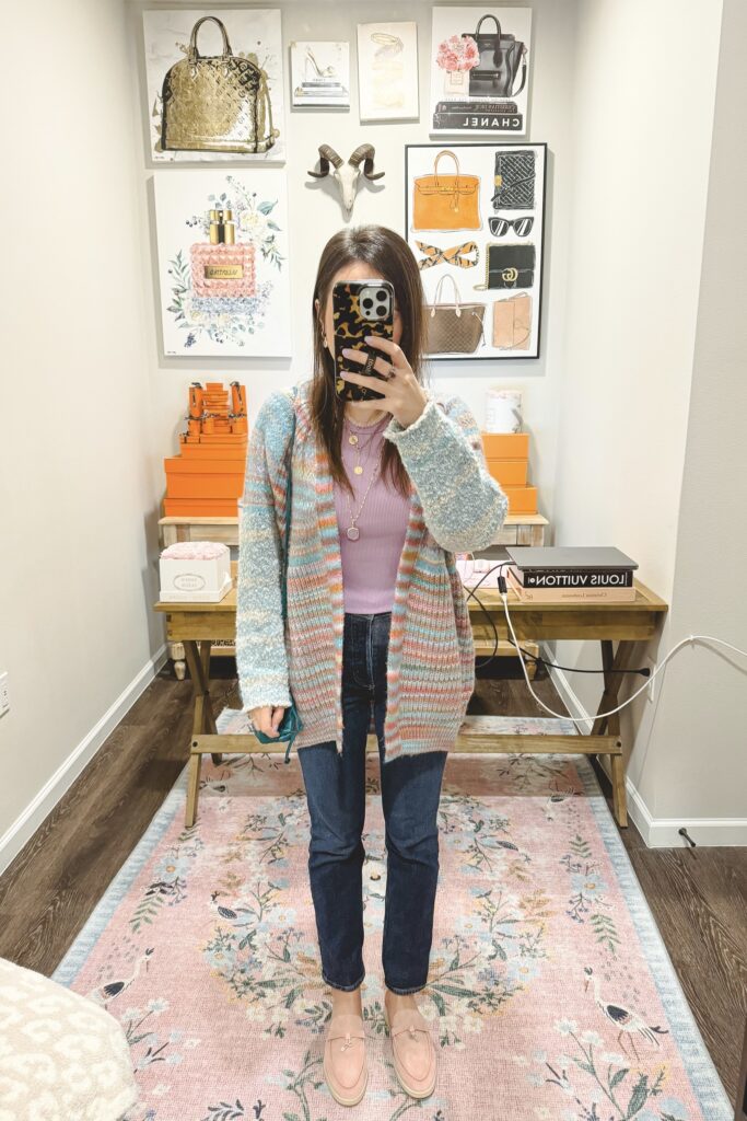 Free people sedona cardigan with purple tank top and agolde jeans