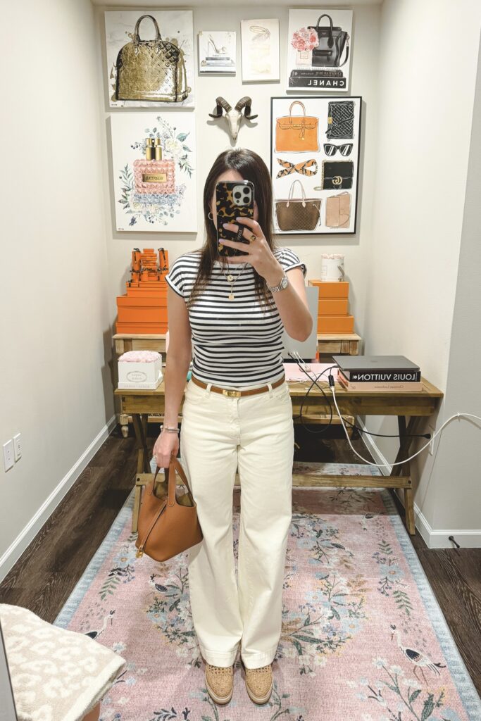 Zara stripe baby tee with DL1961 zoie ecru wide leg jeans