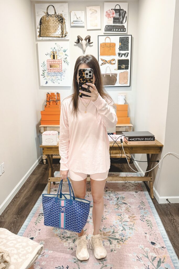 Lululemon all yours long sleeve strawberry milkshake with lululemon align shorts strawberry milkshake and goyard tote