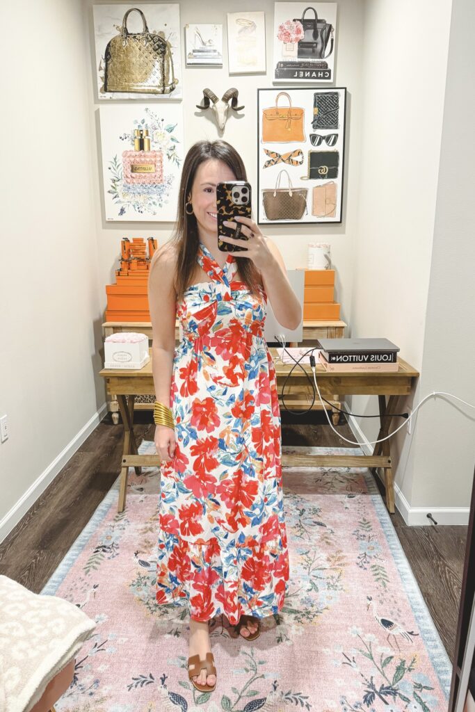 Amazon red and blue floral halter maxi dress with gold hermes oran sandals