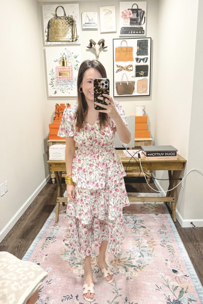 Amazon tiered floral ruffle maxi dress with hermes rose petale oran sandals