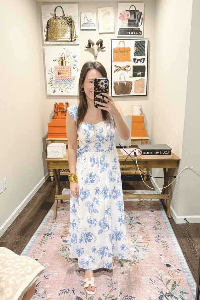 Amazon blue floral sleeveless maxi dress with hermes rose petale oran sandals