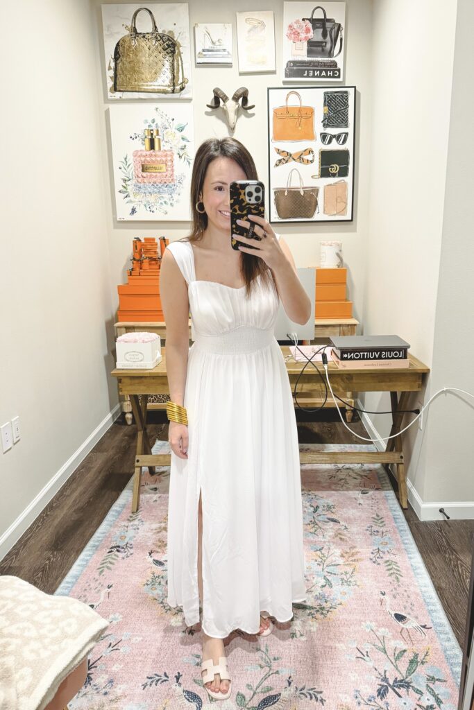 Amazon white sleeveless maxi dress with hermes rose petale oran sandals