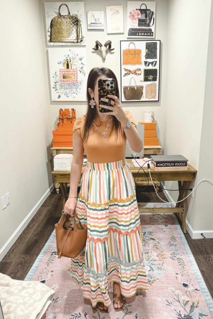 Stripe maxi skirt with kendra scott jewelry and hermes gold picotin