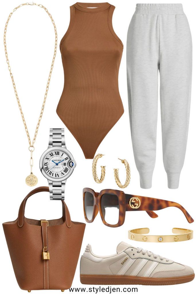 Varley relaxed joggers with brown ribbed bodysuit and foundrae necklace