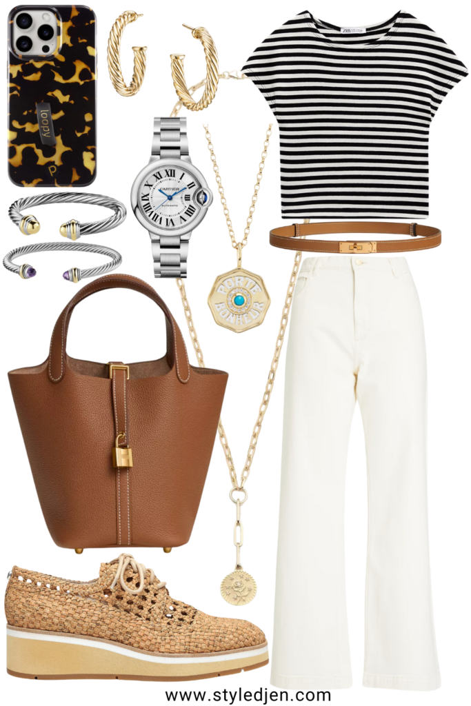 Zara stripe baby tee with DL1961 zoie ecru wide leg jeans and hermes gold picotin