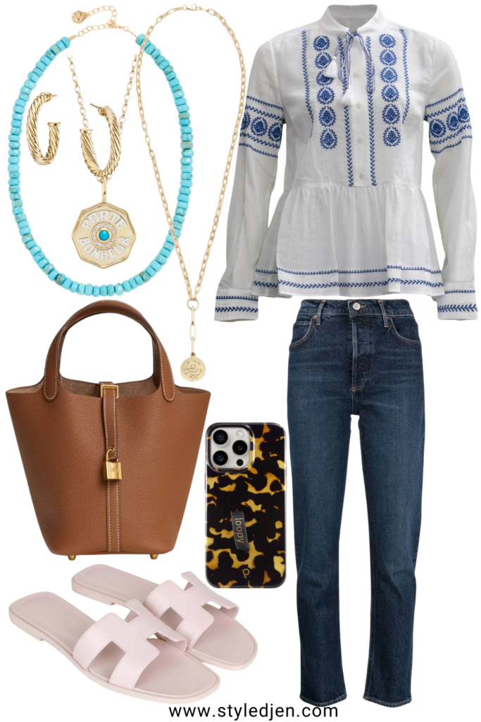 derek lam 10 crosby ailani top with agolde jeans and hermes rose petale oran sandals