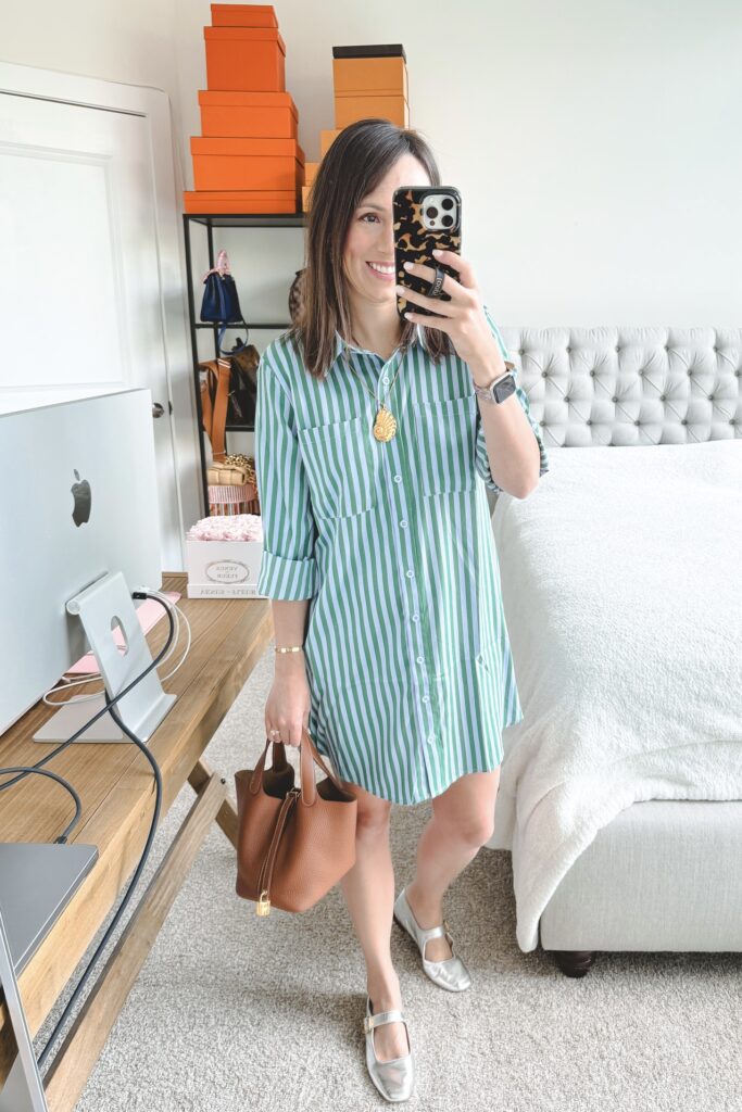 Buddy love blue green stripe shirt dress with silver metallic ballet flats