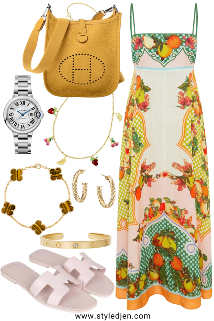 Alemais lemonis dress with hermes mini evelyne jaune ambre and oran sandals