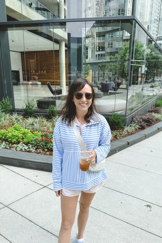 Alice walk stripe pullover with pink lululemon shorts