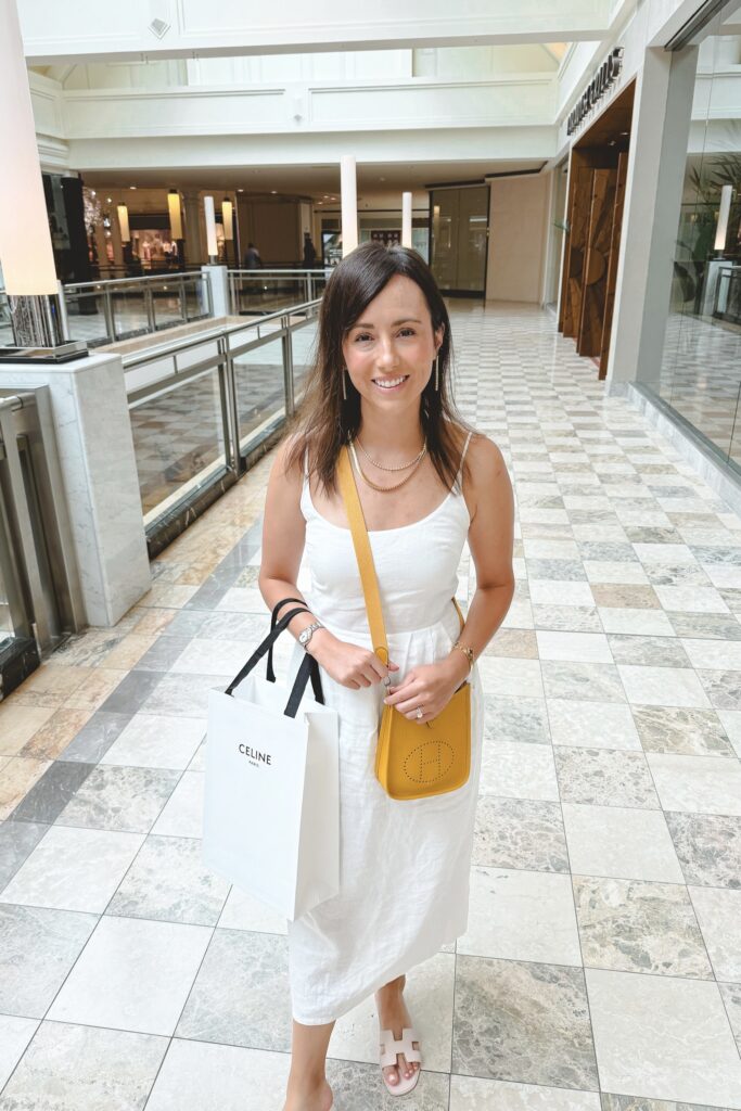 Quince white linen midi dress with hermes evelyne tpm jaune ambre