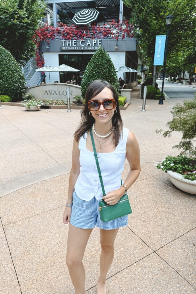 J crew white linen vest with blue stripe shorts and green l19