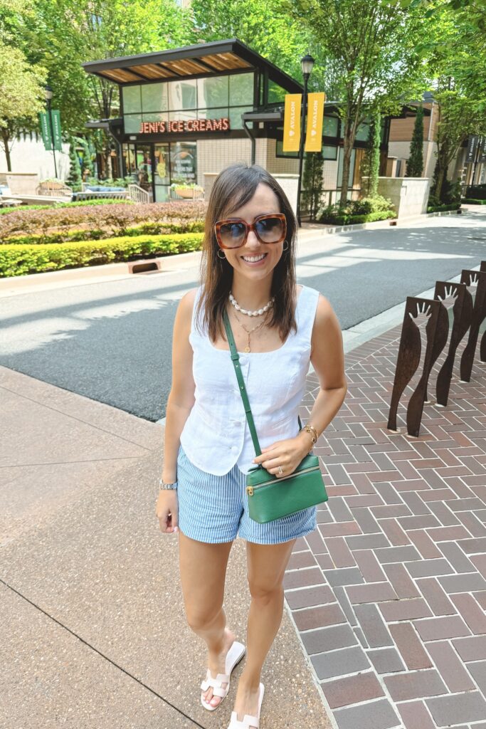 J crew white linen vest with blue stripe shorts and green loro piana l19