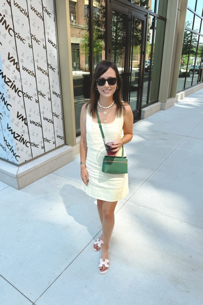 madewell pale yellow linen mini dress with lp19 forest leaves