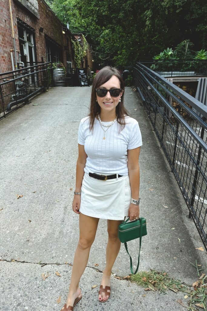 J Crew ivory skort with pointelle tee and forest leaves lp19