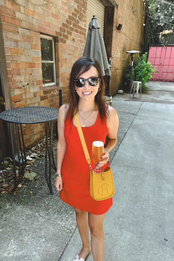 Madewell red linen mini dress with hermes evelyne mini jaune ambre