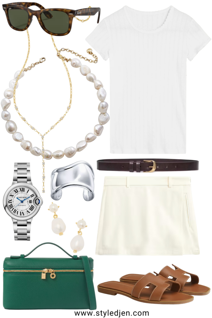 J Crew ivory skort with pointelle tee and gold hermes oran sandals