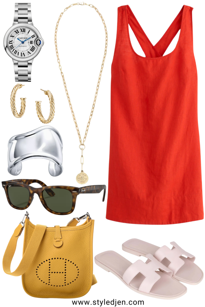 Madewell red linen mini dress with hermes evelyne tpm jaune ambre