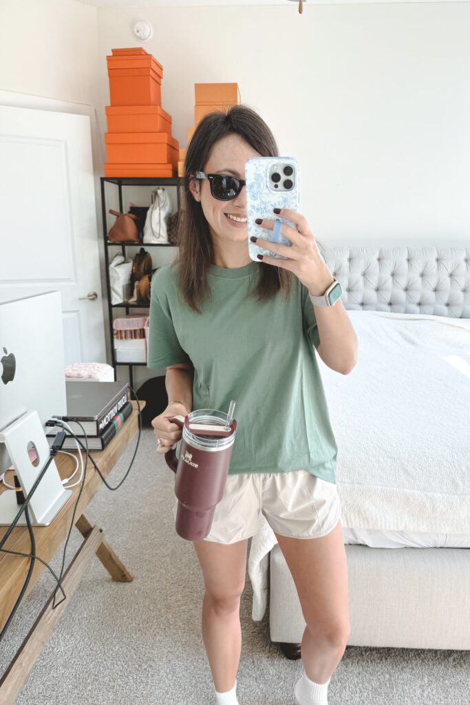 Lululemon all yours tee grey eucalyptus with hotty hot shorts mojave tan 