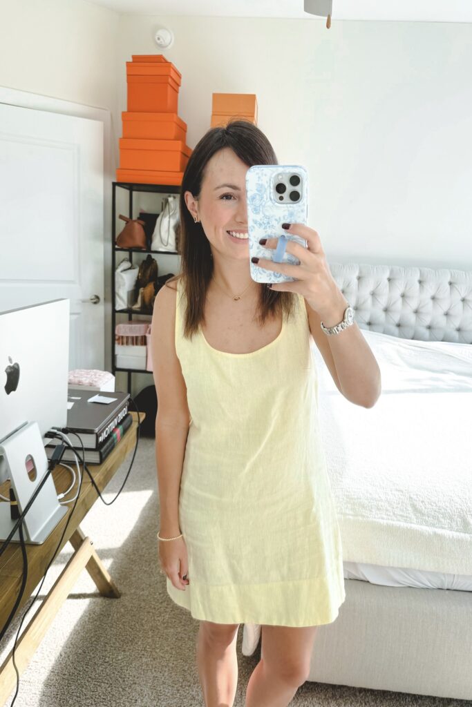 Madewell yellow linen mini dress with kendra scott football jewelry