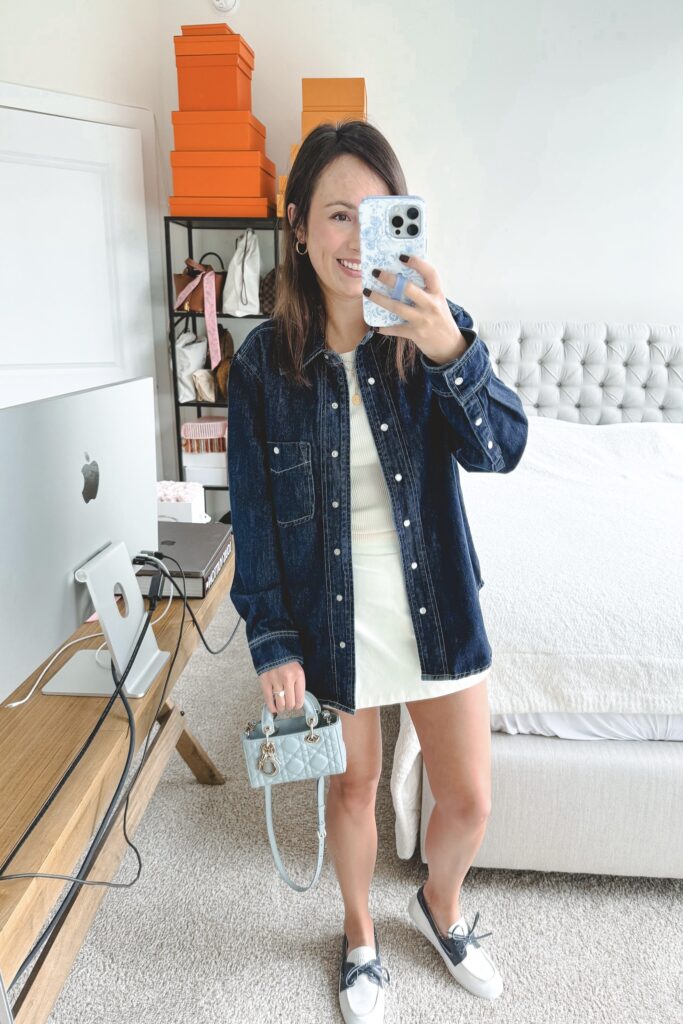 Blanknyc denim shirt with jcrew ivory skort and dior micro djoy