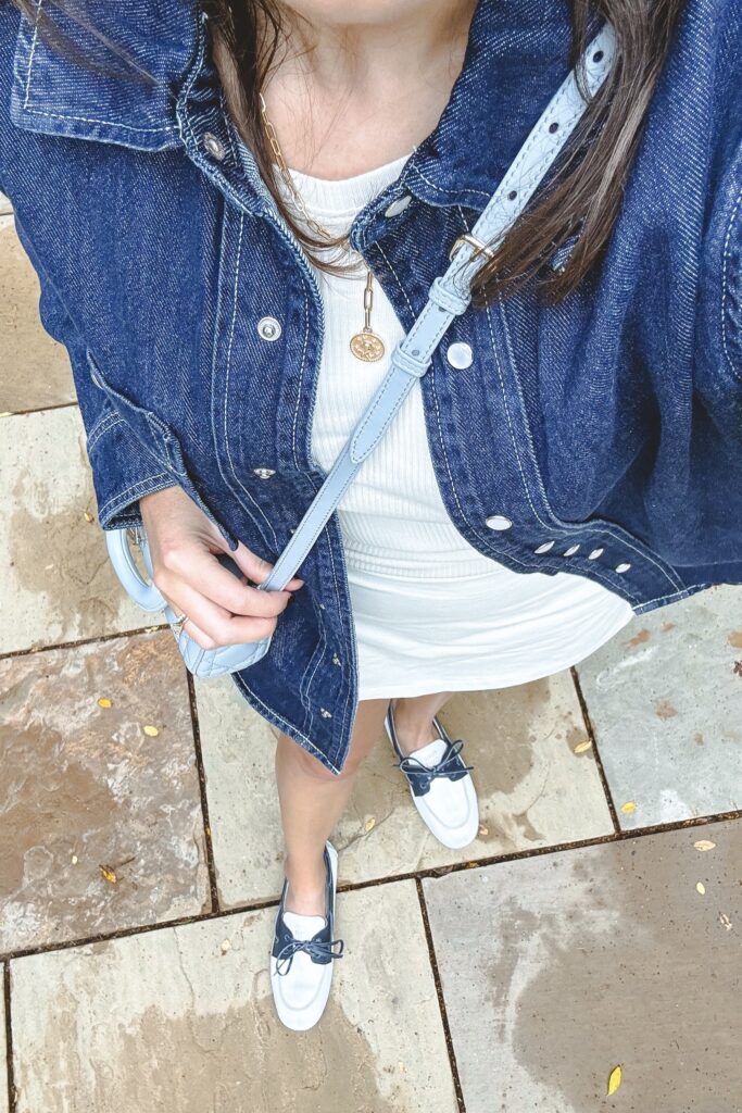 Blanknyc denim shirt with jcrew ivory skort and miu miu boat shoes