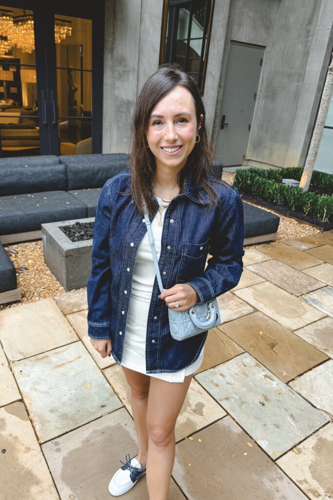 Blanknyc denim shirt with dior micro djoy and miu miu boat shoes