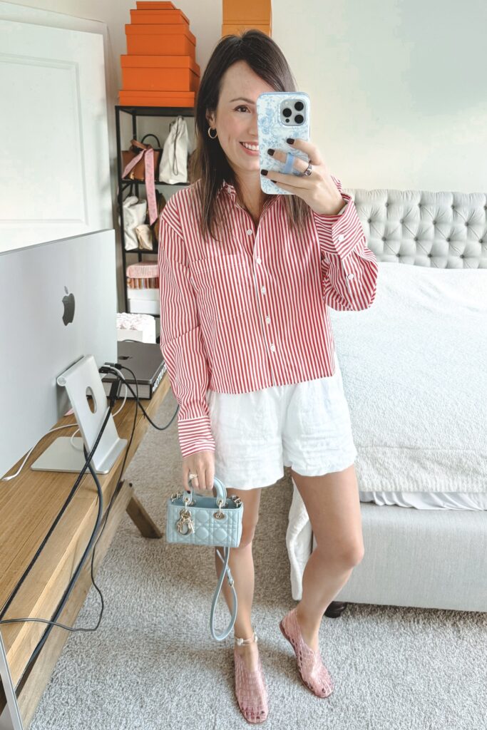 j crew red stripe cropped button down with white linen shorts