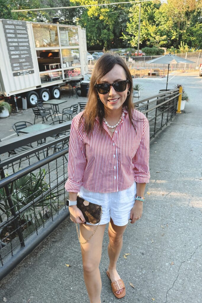 j crew red stripe cropped button down shirt with white linen shorts