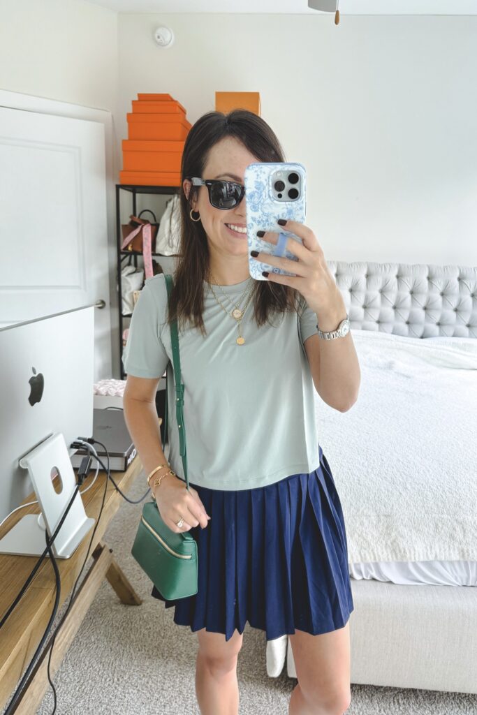 lululemon ultralight tee in jade grey with English factory navy pleated skort