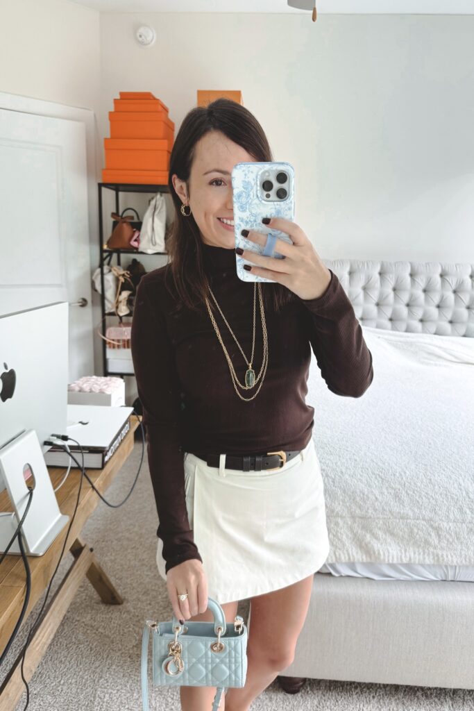 Vince brown mock neck top with j crew ecru skort