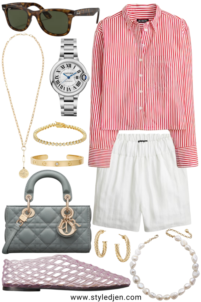 j crew red stripe cropped button down with white linen shorts and jelly flats