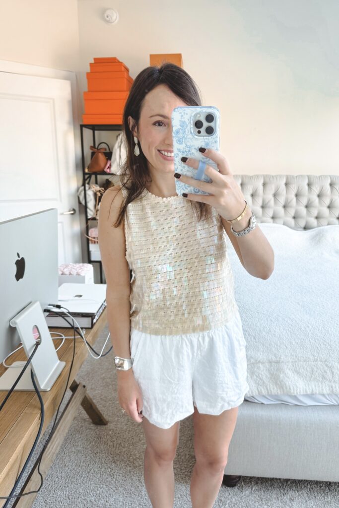 J crew mother of pearl sequin tank top with white linen shorts