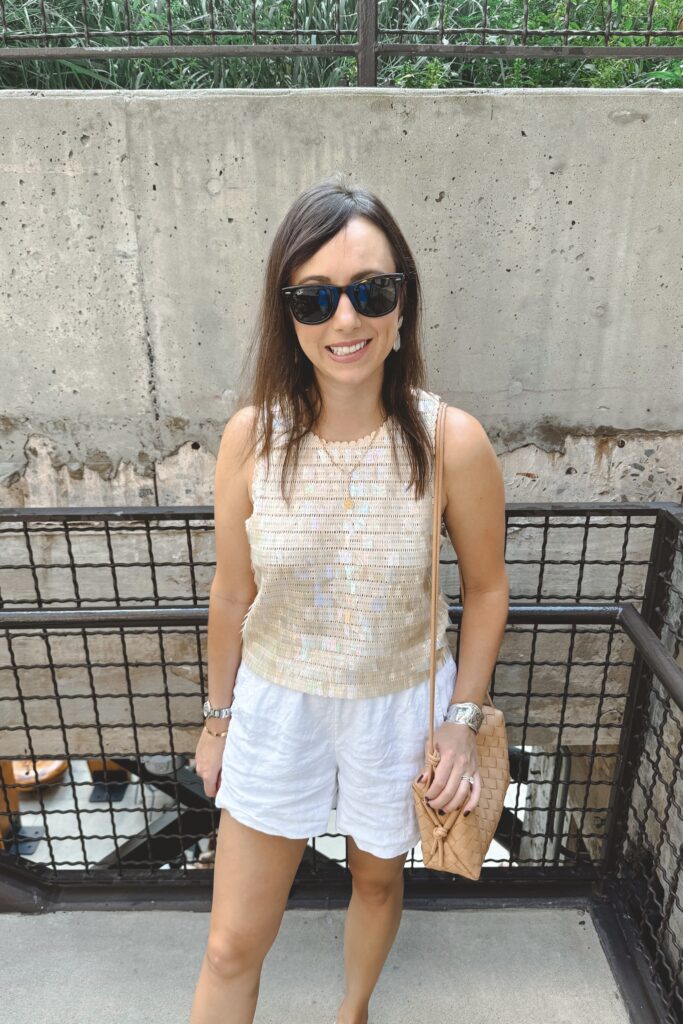 J crew crochet sequin tank top with white linen shorts