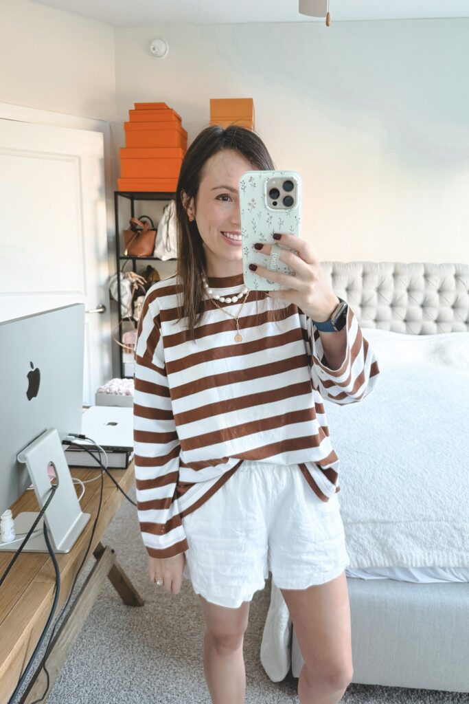 madewell brown stripe long sleeve shirt with j crew white linen shorts