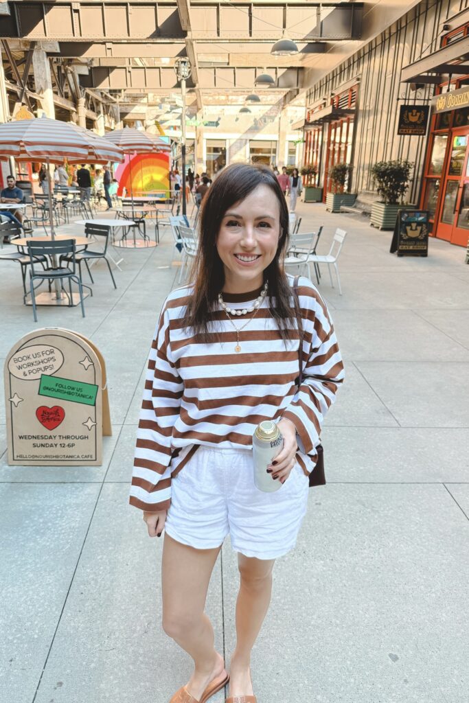 madewell brown stripe long sleeve with j crew white linen shorts