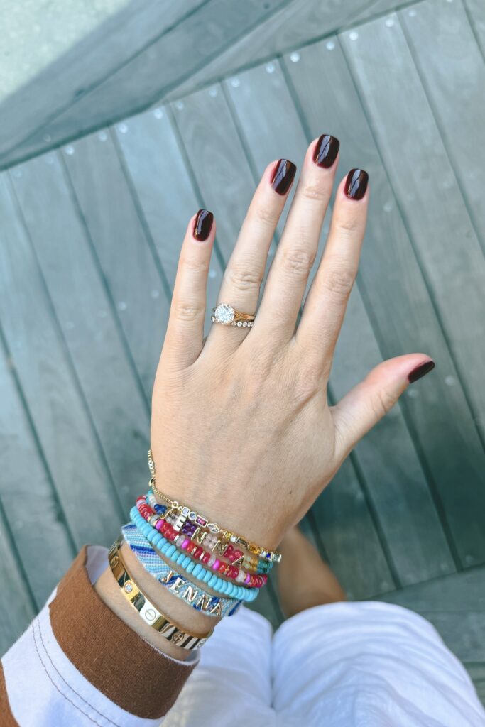 opi malaga wine with baublebar custom name bracelets