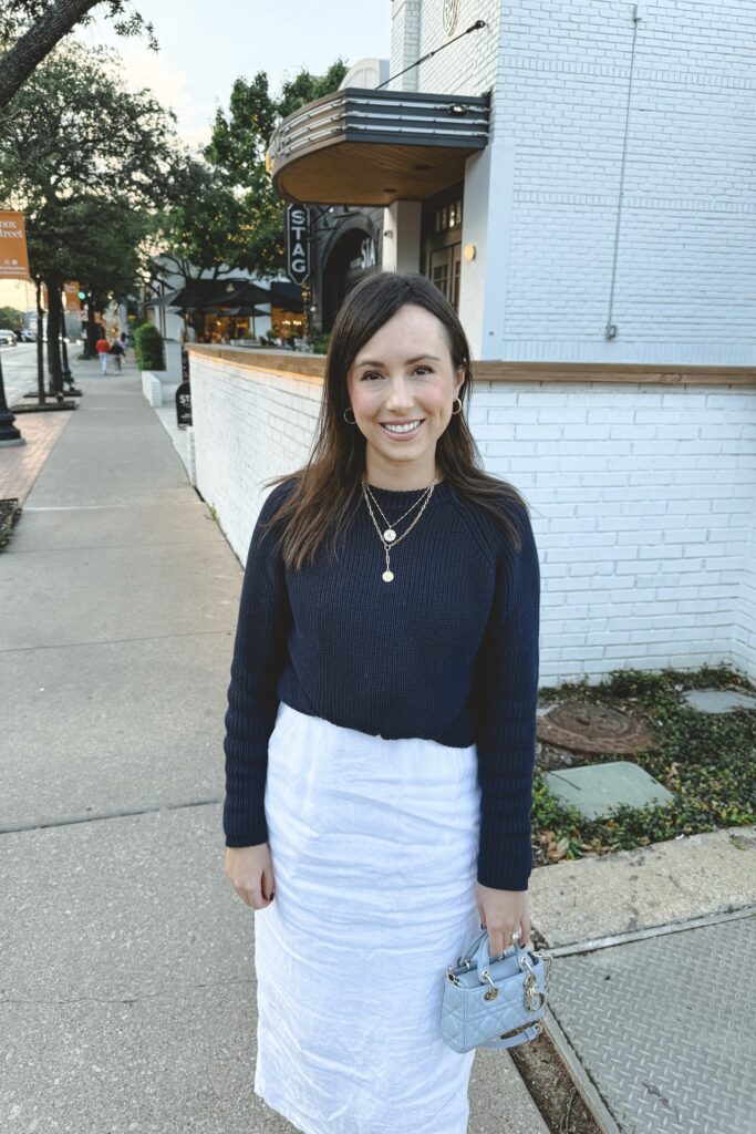 Navy sweater with white linen midi skirt