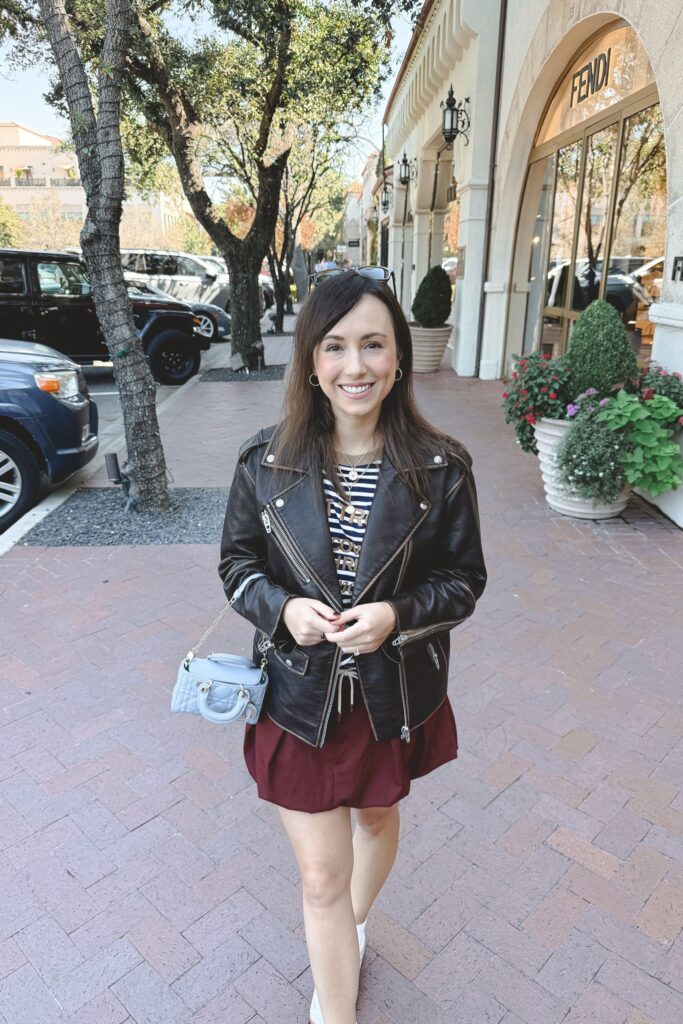 Blanknyc brown oversized moto jacket with zara maroon balloon skirt