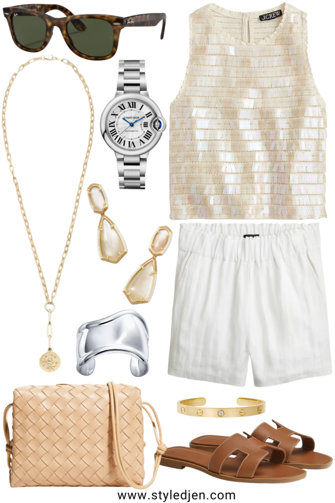 J crew crochet sequin tank top with white linen shorts and hermes oran sandals