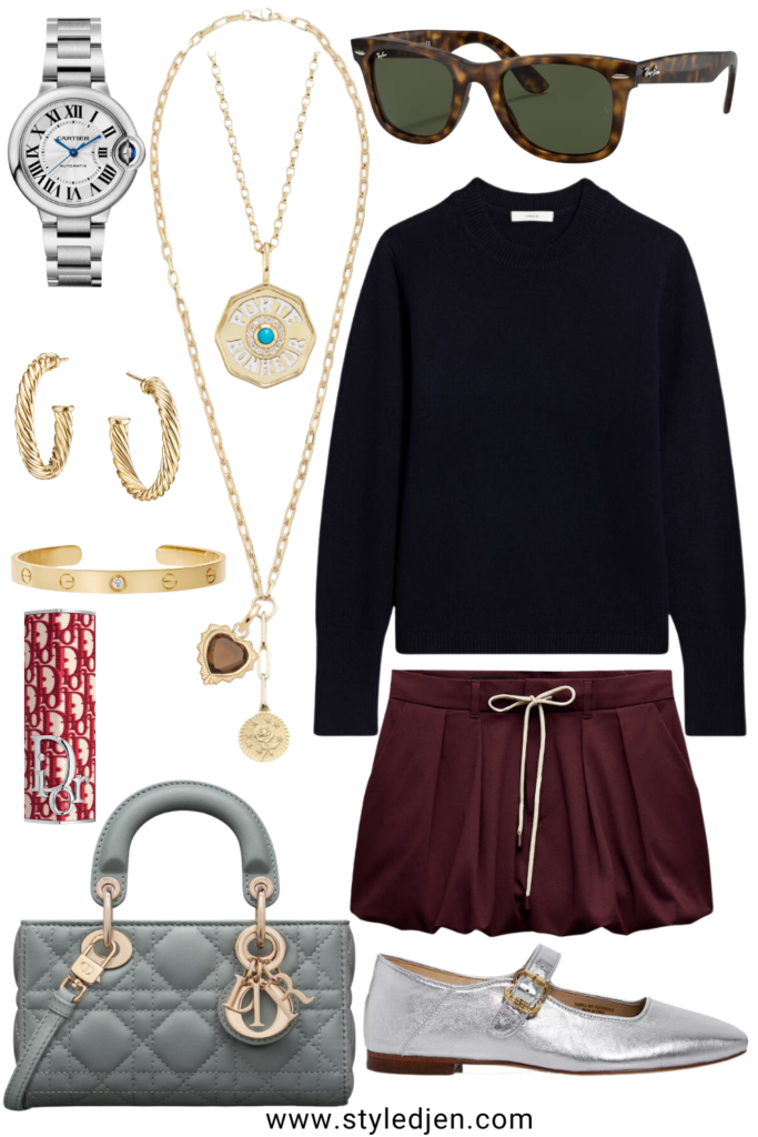 Navy crew neck sweater with zara maroon balloon skirt and silver ballet flats