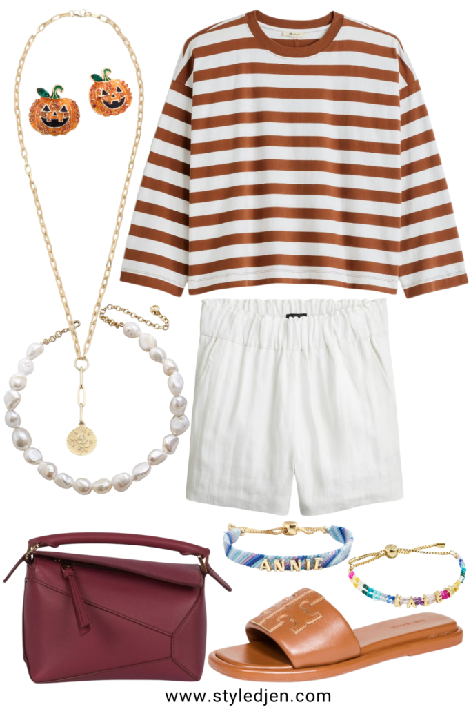 madewell brown stripe long sleeve shirt with j crew white linen shorts and tory burch sandals