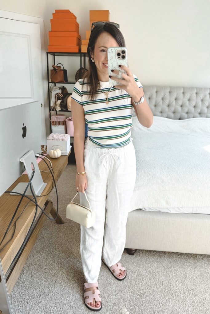 Zara stripe baby tee with j crew white linen pants and the row 90s bag white