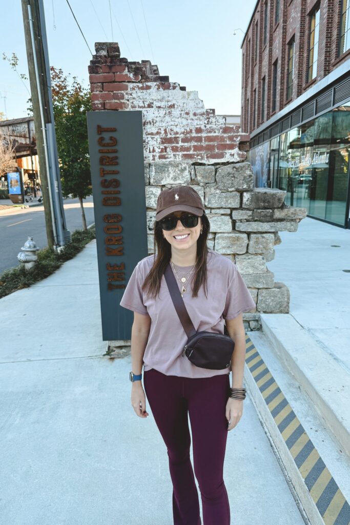 Lululemon all yours tee twilight rose with lululemon align flares garnet and ralph lauren brown baseball cap